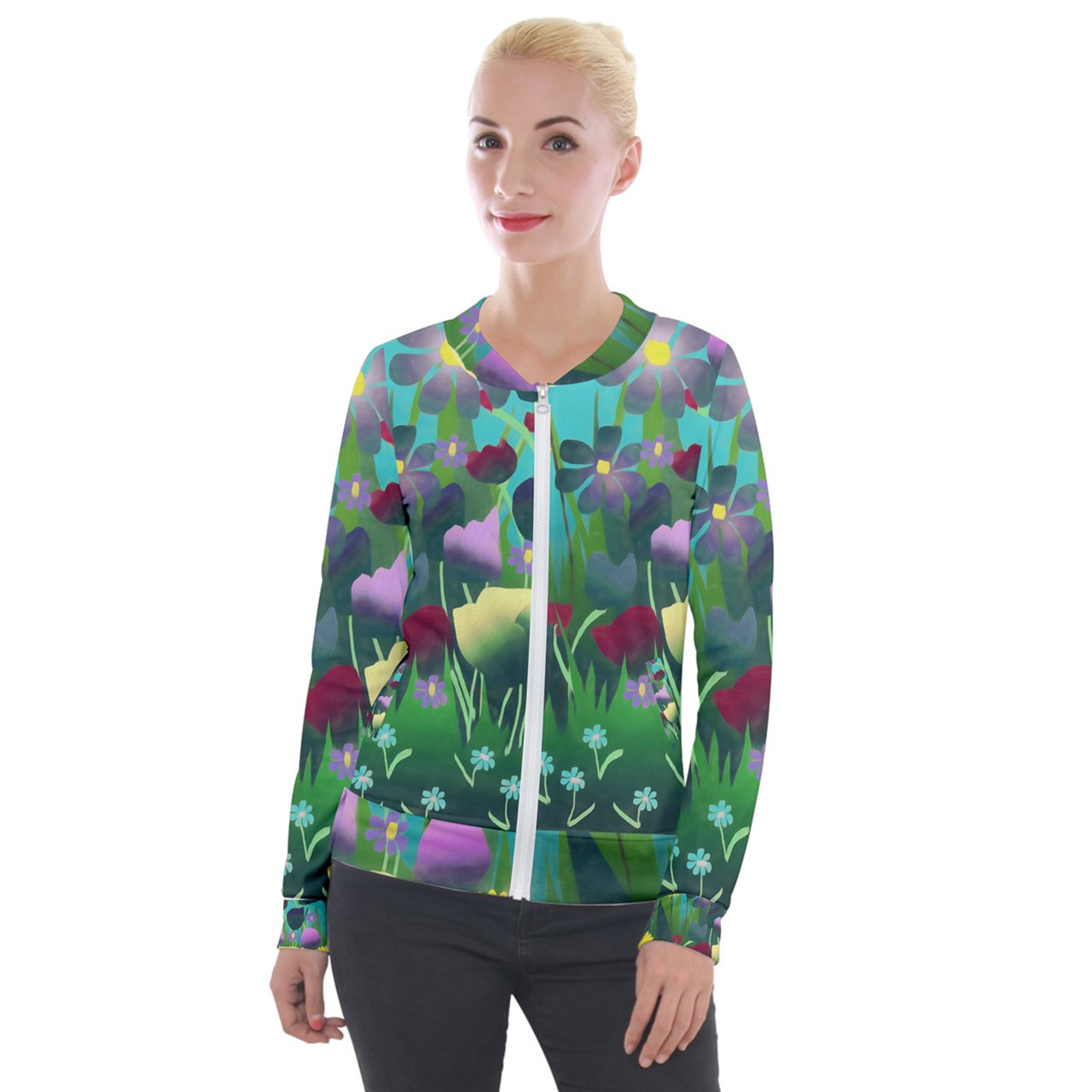 Summer Flower Garden Velvet Zip Up Jacket