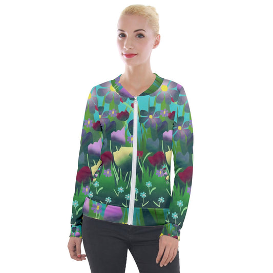 Summer Flower Garden Velvet Zip Up Jacket