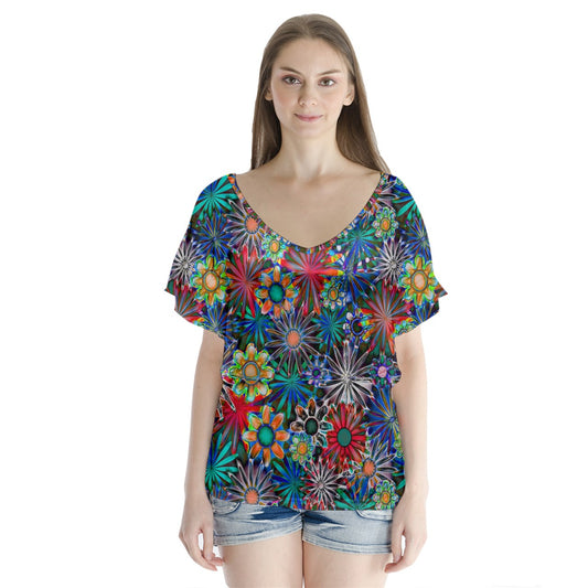 Daisy Garden V-Neck Flutter Sleeve Top
