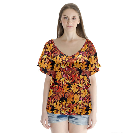 Fall Leaves Pattern V-Neck Flutter Sleeve Top