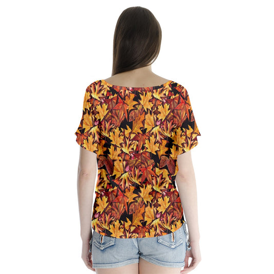 Fall Leaves Pattern V-Neck Flutter Sleeve Top