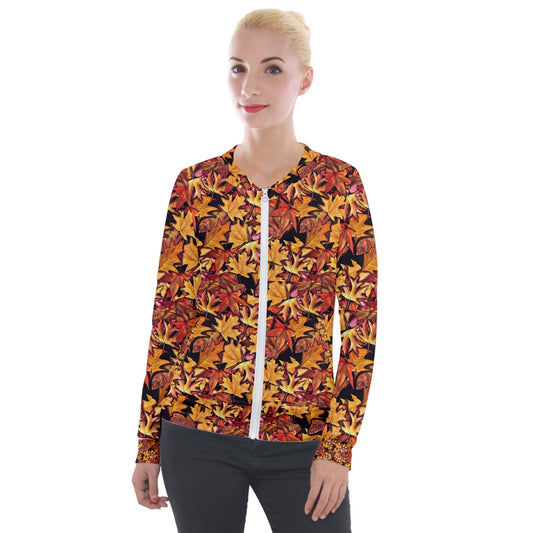 Fall Leaves Pattern Velvet Zip Up Jacket