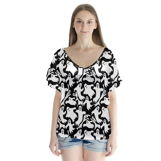 Ghosts V-Neck Flutter Sleeve Top