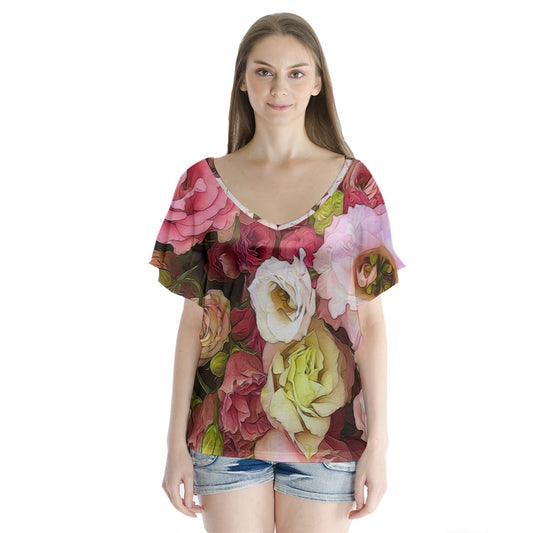 Pink Lisianthus Flowers V-Neck Flutter Sleeve Top