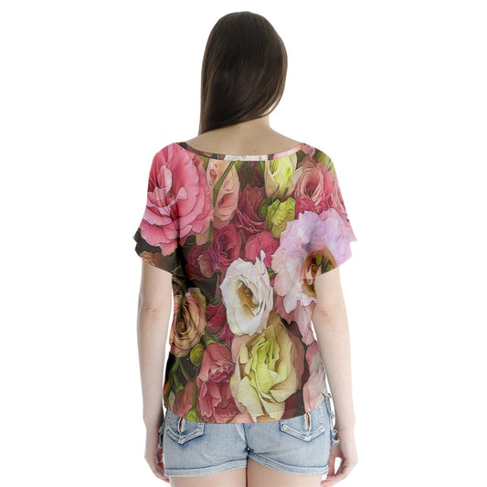 Pink Lisianthus Flowers V-Neck Flutter Sleeve Top