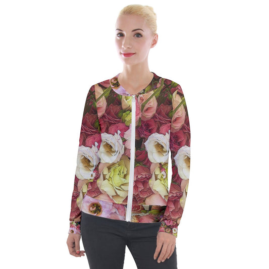Pink Lisianthus Flowers Velvet Zip Up Jacket