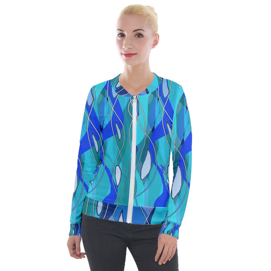 Wavy Blue Velvet Zip Up Jacket