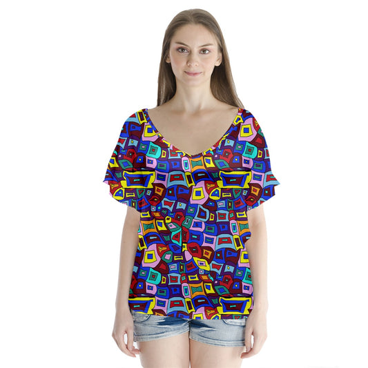 Wavy Square Pattern V-Neck Flutter Sleeve Top