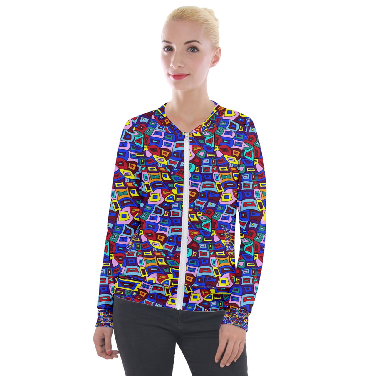 Wavy Square Pattern Velvet Zip Up Jacket