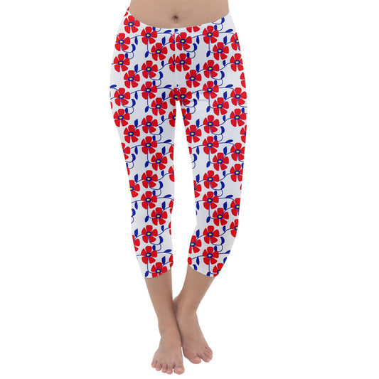 Red Flowers Blue Vines Capri Winter Leggings