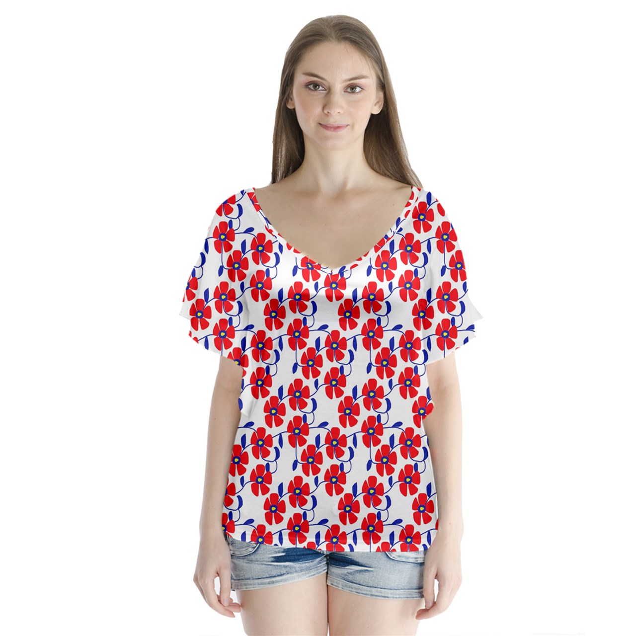 Red Flowers Blue Vines V-Neck Flutter Sleeve Top