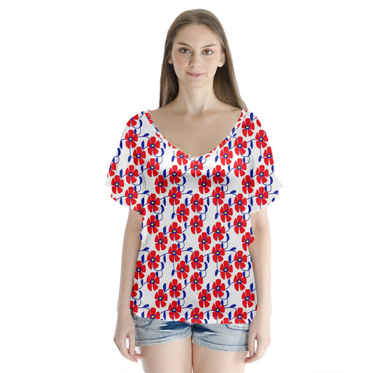 Red Flowers Blue Vines V-Neck Flutter Sleeve Top