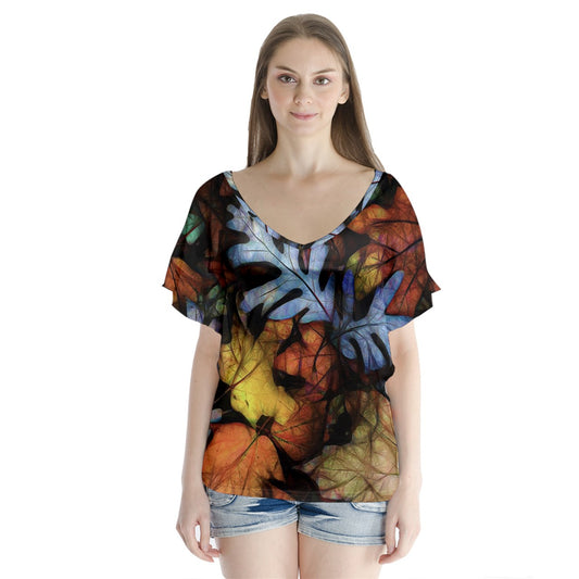 Mid October Leaves V-Neck Flutter Sleeve Top