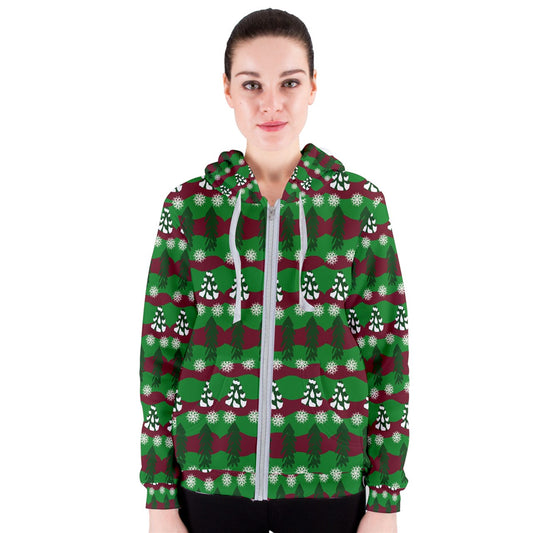 snowy evergreen pattern Women's Zipper Hoodie