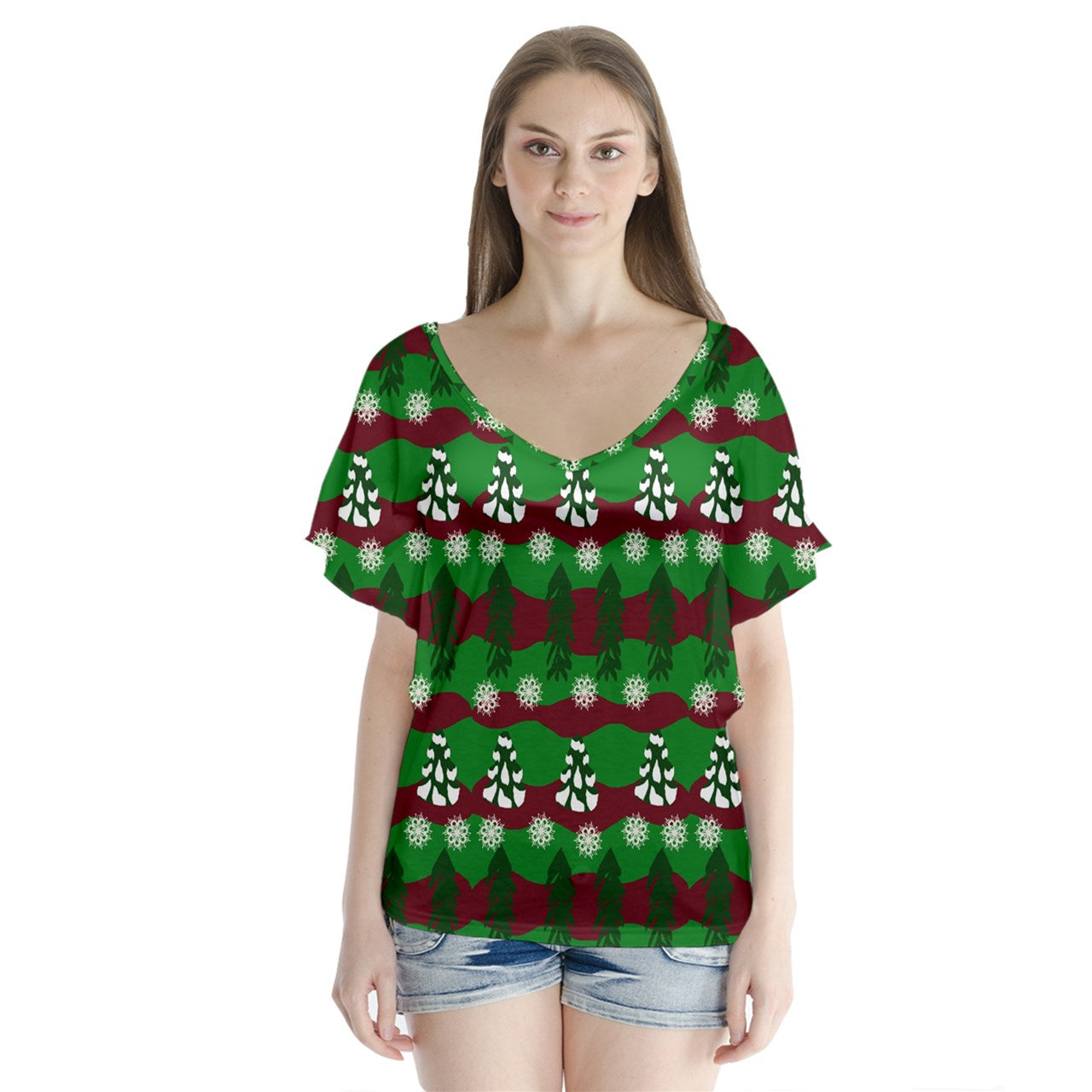 snowy evergreen pattern V-Neck Flutter Sleeve Top