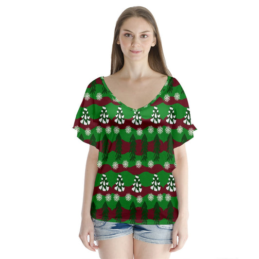 snowy evergreen pattern V-Neck Flutter Sleeve Top