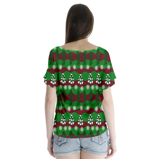 snowy evergreen pattern V-Neck Flutter Sleeve Top