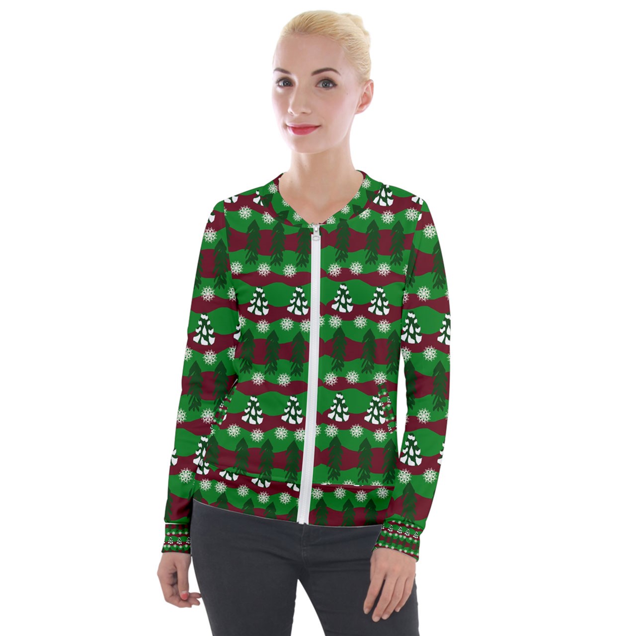 snowy evergreen pattern Velvet Zip Up Jacket