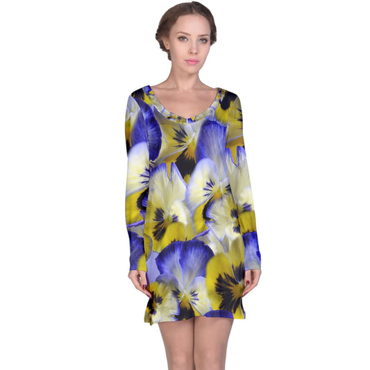Blue and Yellow Pansies Long Sleeve Nightdress