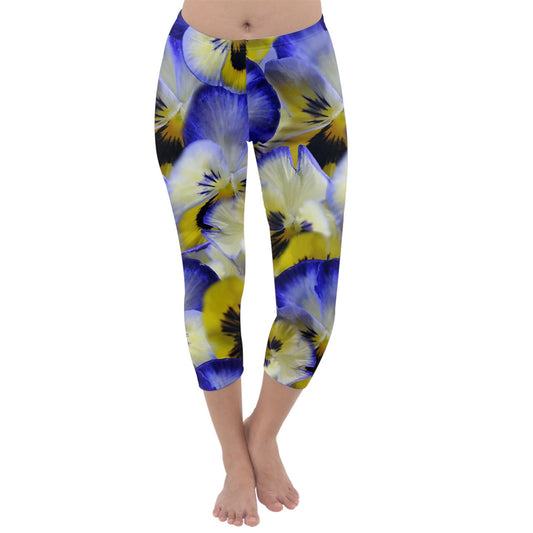 Blue and Yellow Pansies Capri Winter Leggings