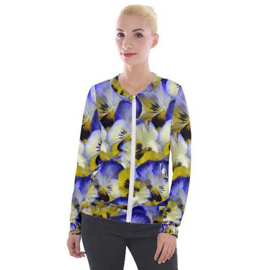 Blue and Yellow Pansies Velvet Zip Up Jacket
