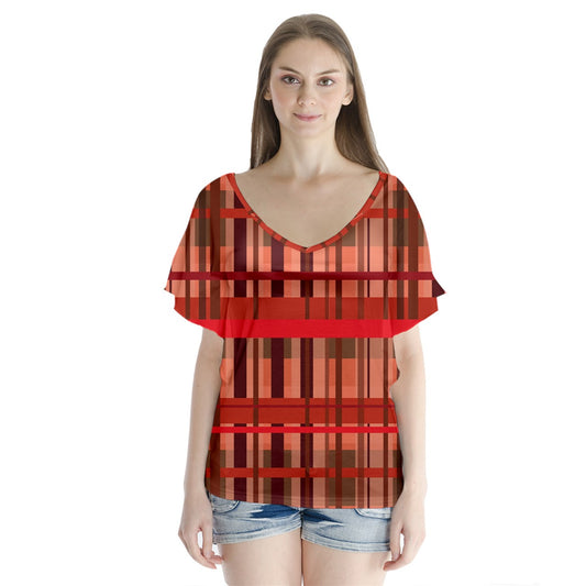 Fall Plaid V-Neck Flutter Sleeve Top