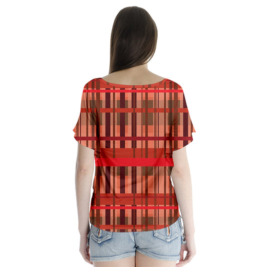 Fall Plaid V-Neck Flutter Sleeve Top