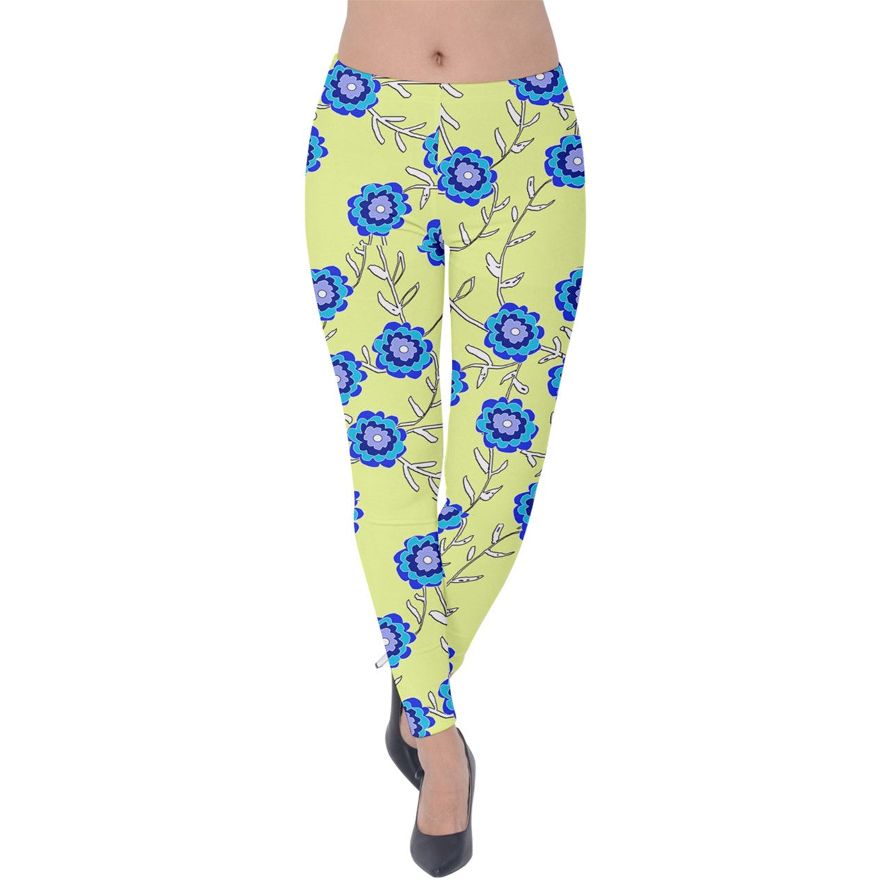 Blue Flowers On Yellow Velvet Leggings