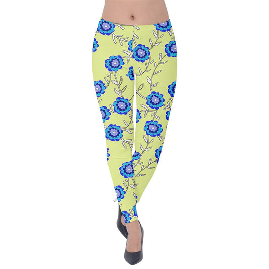 Blue Flowers On Yellow Velvet Leggings