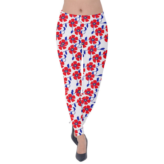 Red Flowers Blue Vines Velvet Leggings