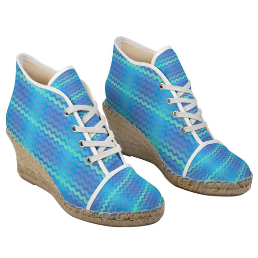 Blue Green Mermaid Stripes Wedge Espadrilles
