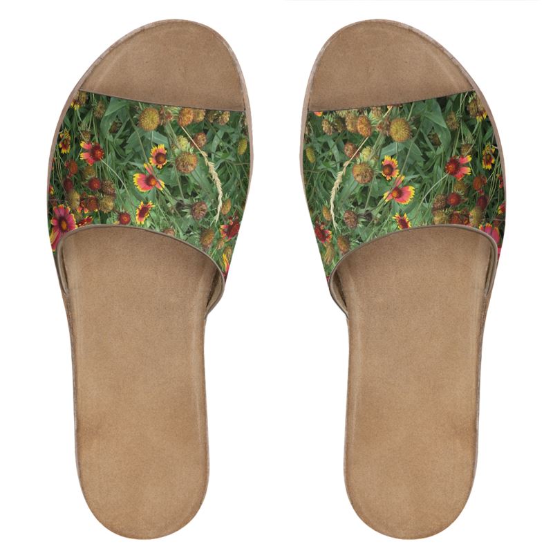 Red orange Flower Garden Leather Sliders
