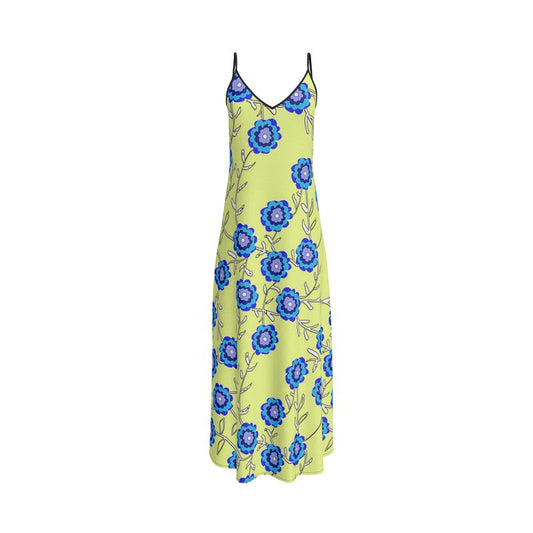 Blue Flowers On Yellow Slip Dress