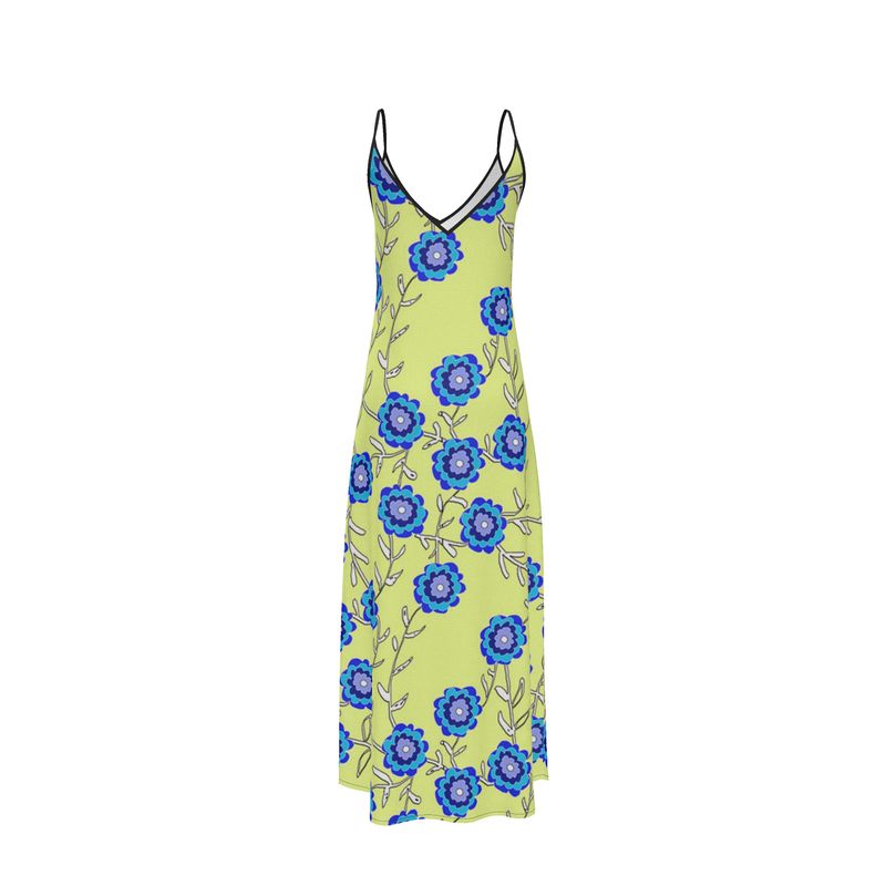 Blue Flowers On Yellow Slip Dress
