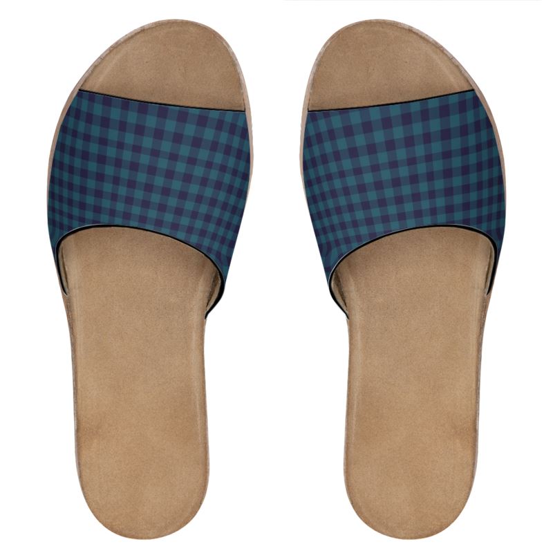 Blue Gingham Leather Sliders