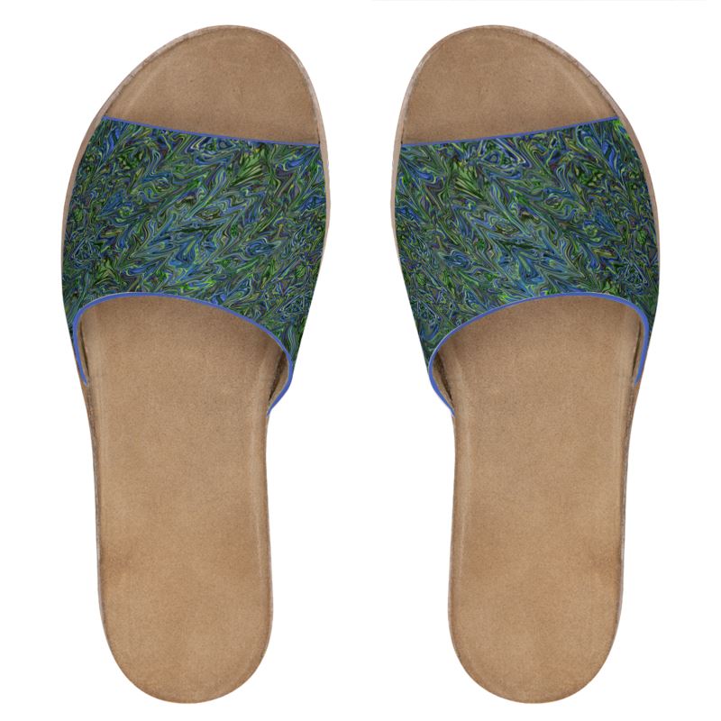 Blue Green liquid Marbling Leather Sliders