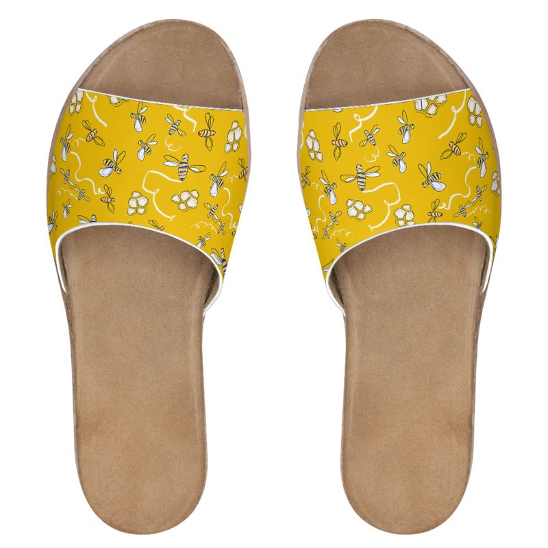 Honey Bees Pattern Leather Sliders