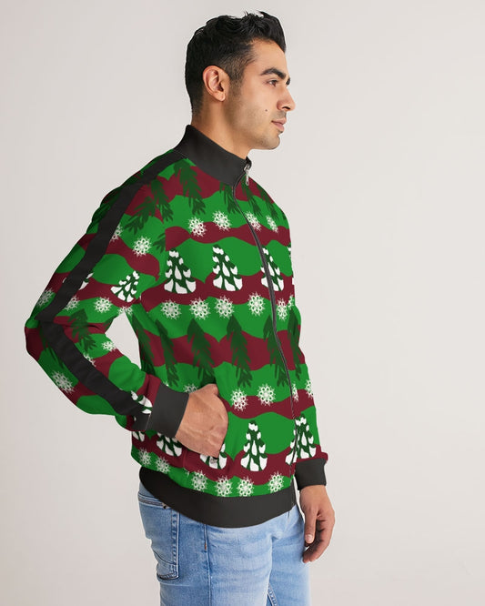 Snowy Evergreen Pattern Men's Stripe-Sleeve Track Jacket