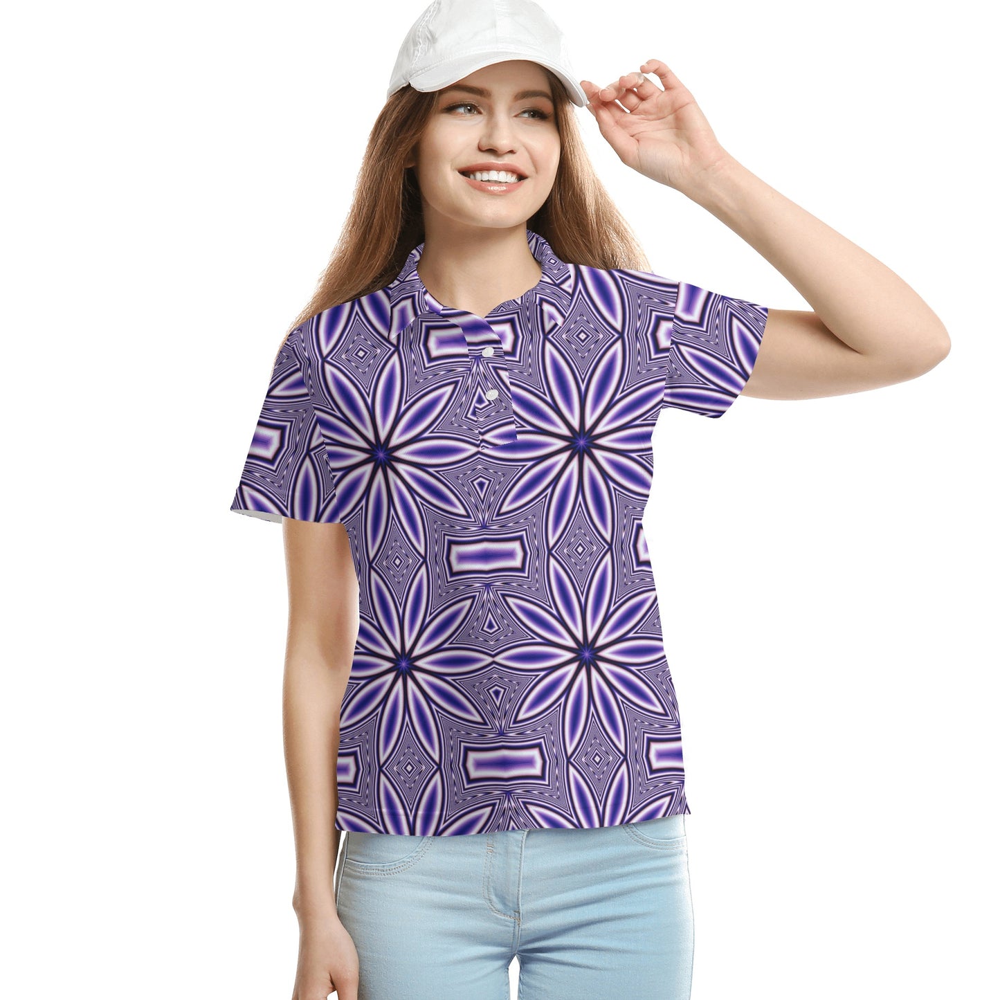 Blue Flower Kaleidoscope Womens All Over Print Polo Shirt