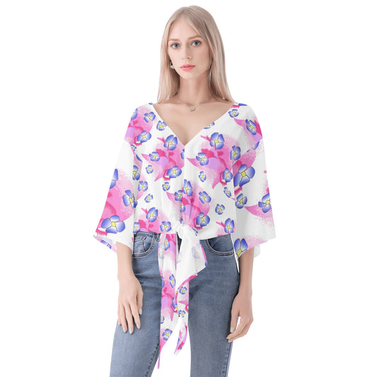 Blue Flowers On Pink Women‘s’ V-neck Streamers Blouse
