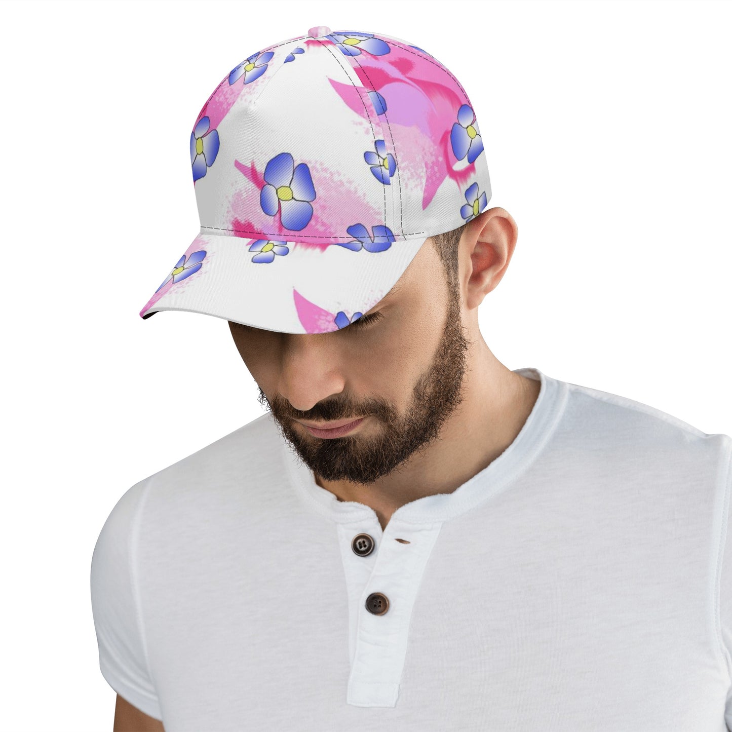 Blue Flowers On Pink All Over Printing Baseball Caps