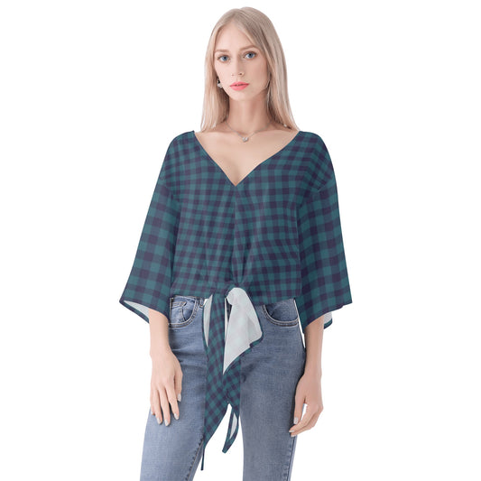 Blue Gingham Women‘s’ V-neck Streamers Blouse