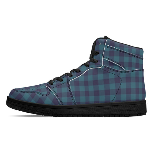 Blue Gingham Womens Black High Top Leather Sneakers