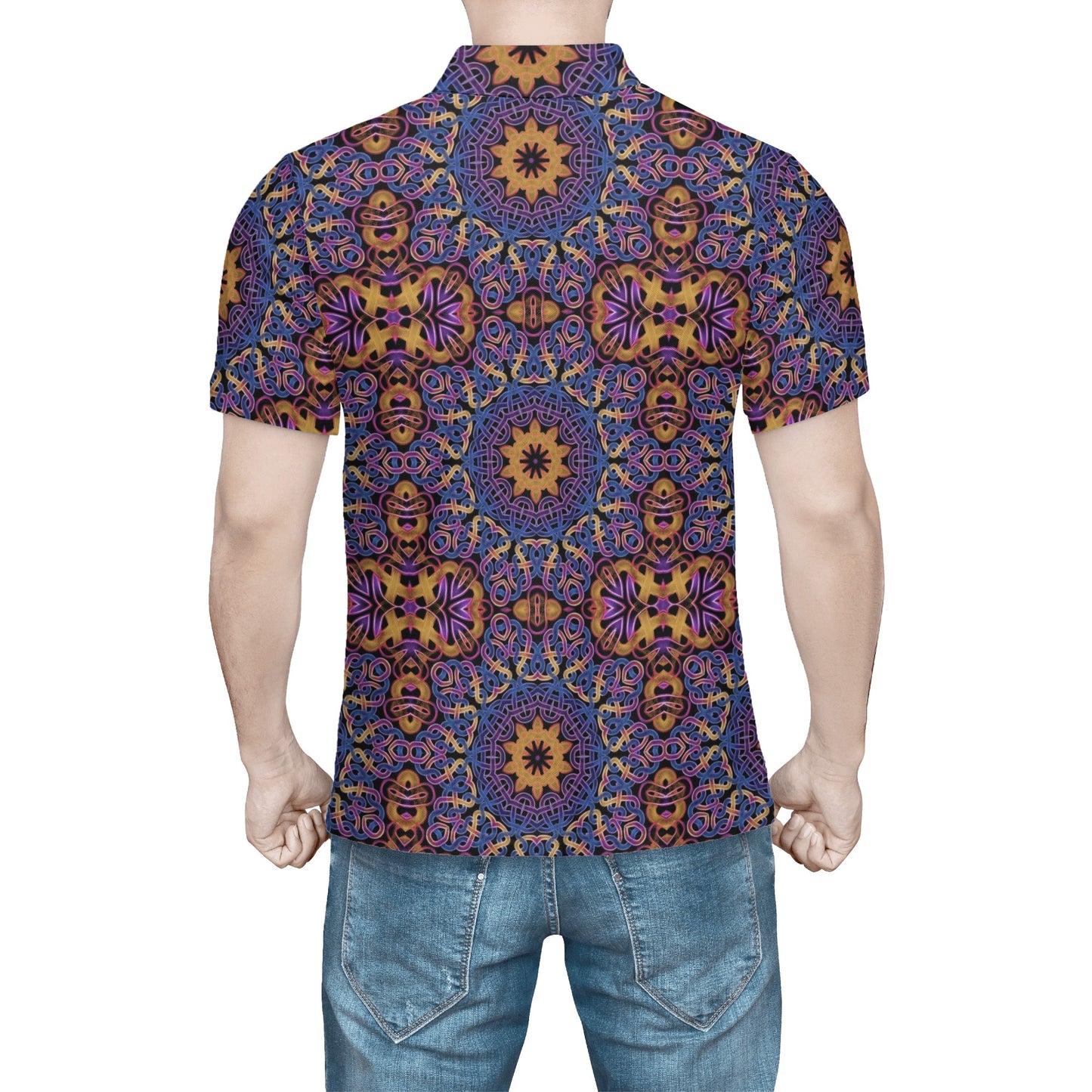 Blue Gold Celtic Kaleidoscope Mens All Over Print Polo Shirt
