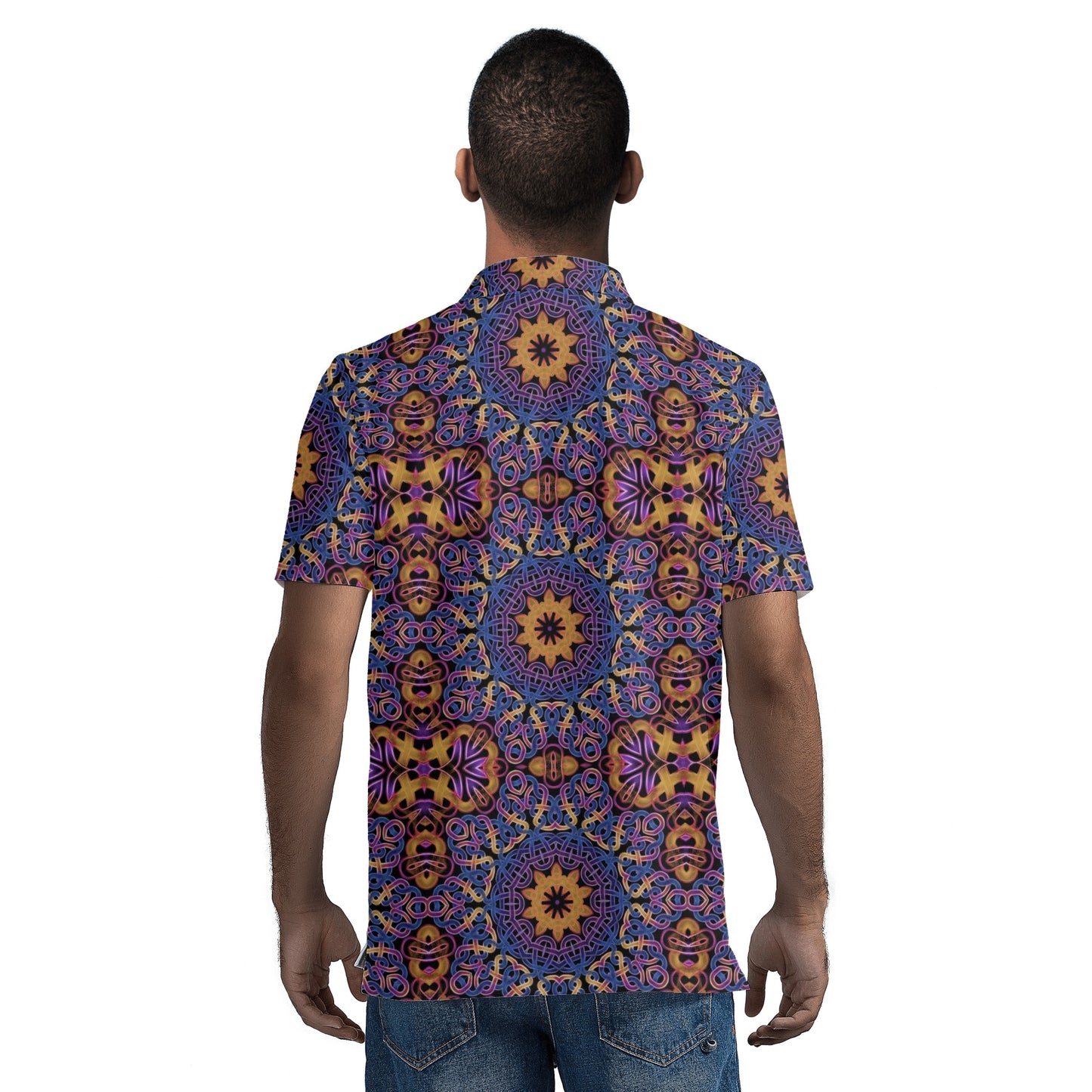 Blue Gold Celtic Kaleidoscope Mens All Over Print Polo Shirt