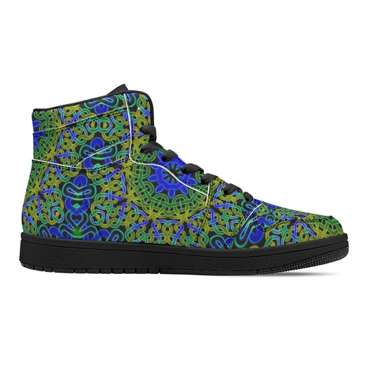 Blue Green Celtic Kaleidoscope Womens Black High Top Leather Sneakers