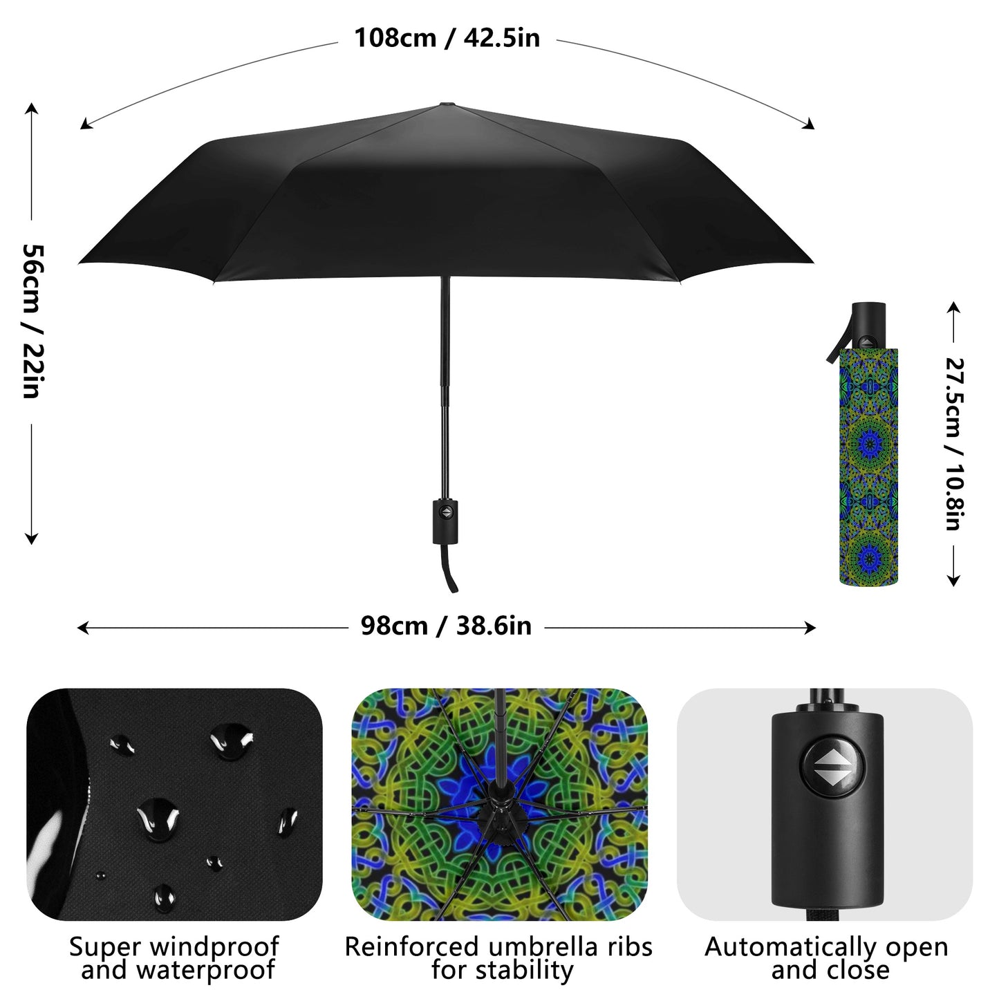 Blue Green Celtic Kaleidoscope Fully Auto Open & Close Umbrella Printing Inside