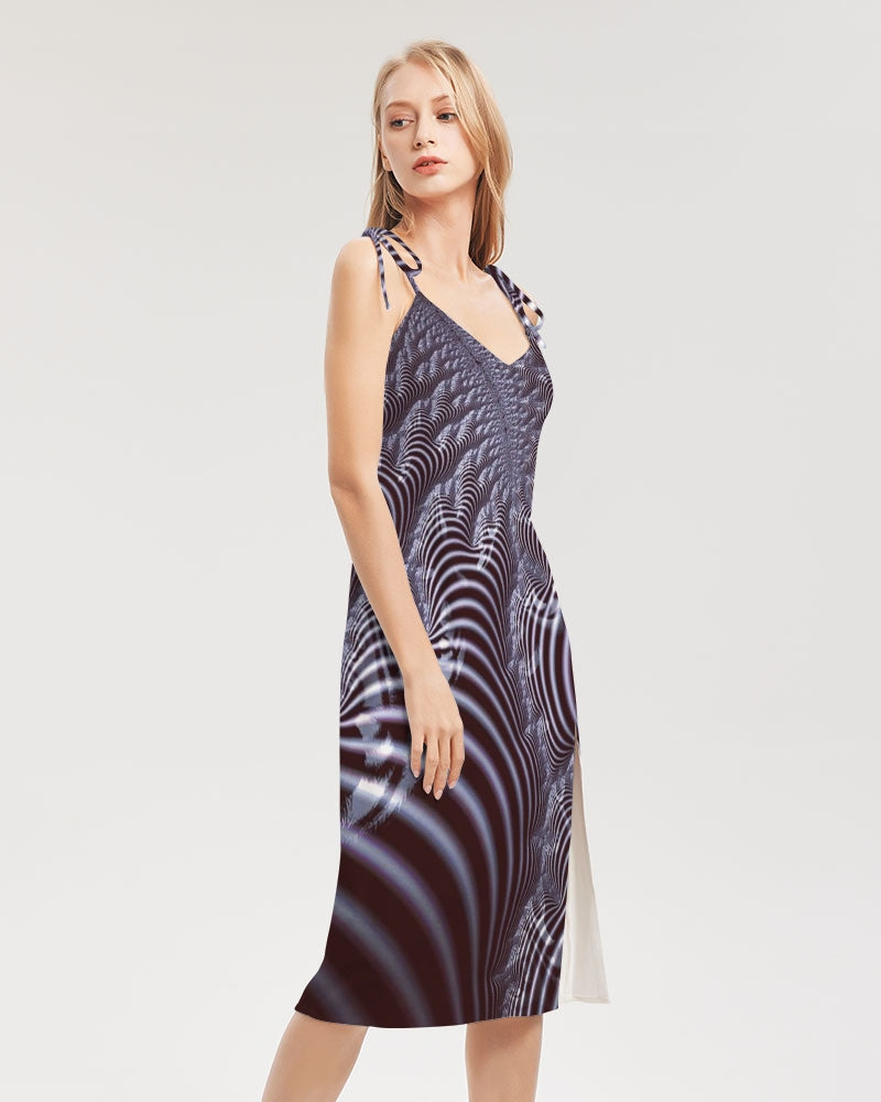 Black and White Spiral Fractal Women's Tie Strap Split Dress