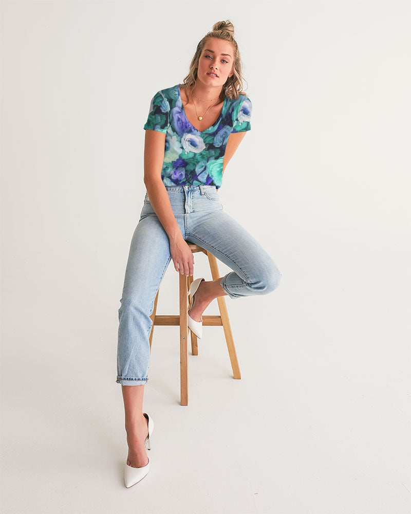 Aqua Flowers Women's V-Neck Tee