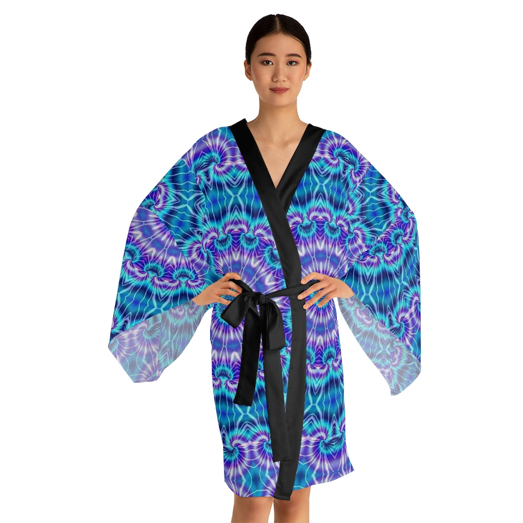 Blue and Purple Tie Dye Kaleidoscope Long Sleeve Kimono Robe